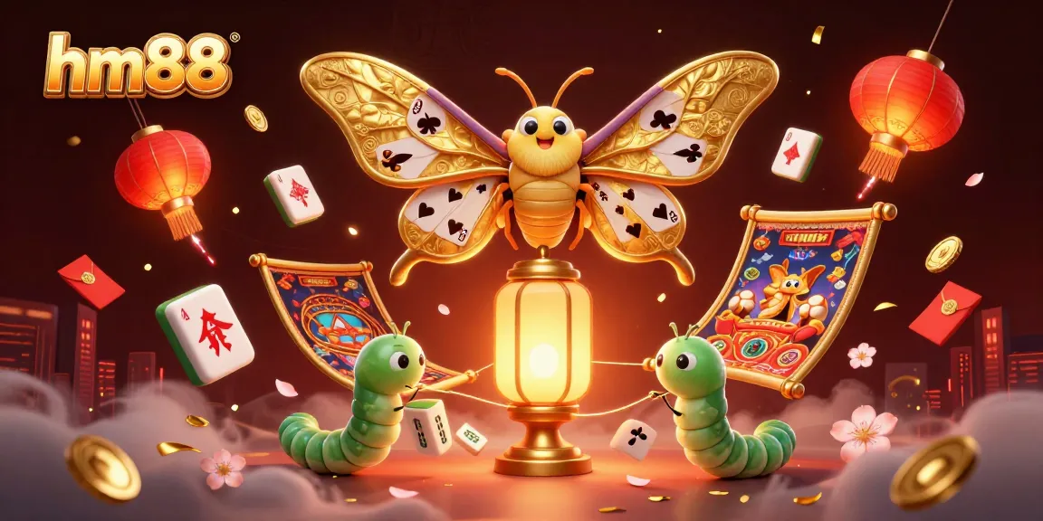 Engage with games at hm88 featuring a vibrant 3D illustration of a moth and casino themes.