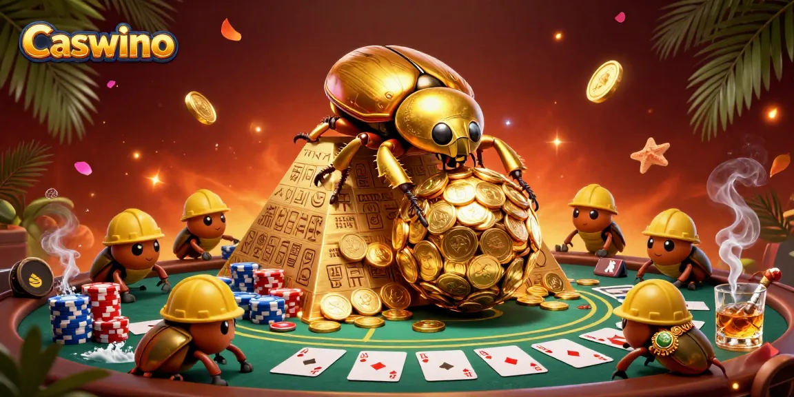 Experience Caswino's excitement with a golden dung beetle rolling coins and poker elements around it.