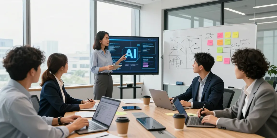 Team collaboration using AI for business insights in a modern corporate office setting with digital displays and laptops.