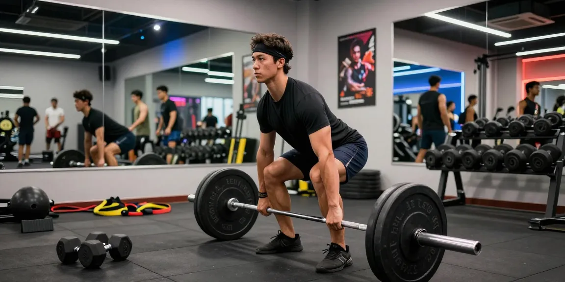 Un atleta en Esteroidesshop levantando pesas en un gimnasio moderno, rodeado de equipos de entrenamiento.