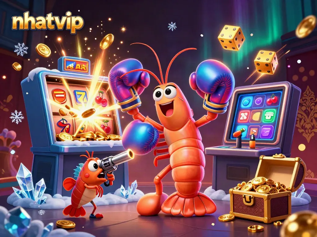 Nhatvip platform showcasing a colorful 3D jackpot scene with playful sea characters and slot machine action
