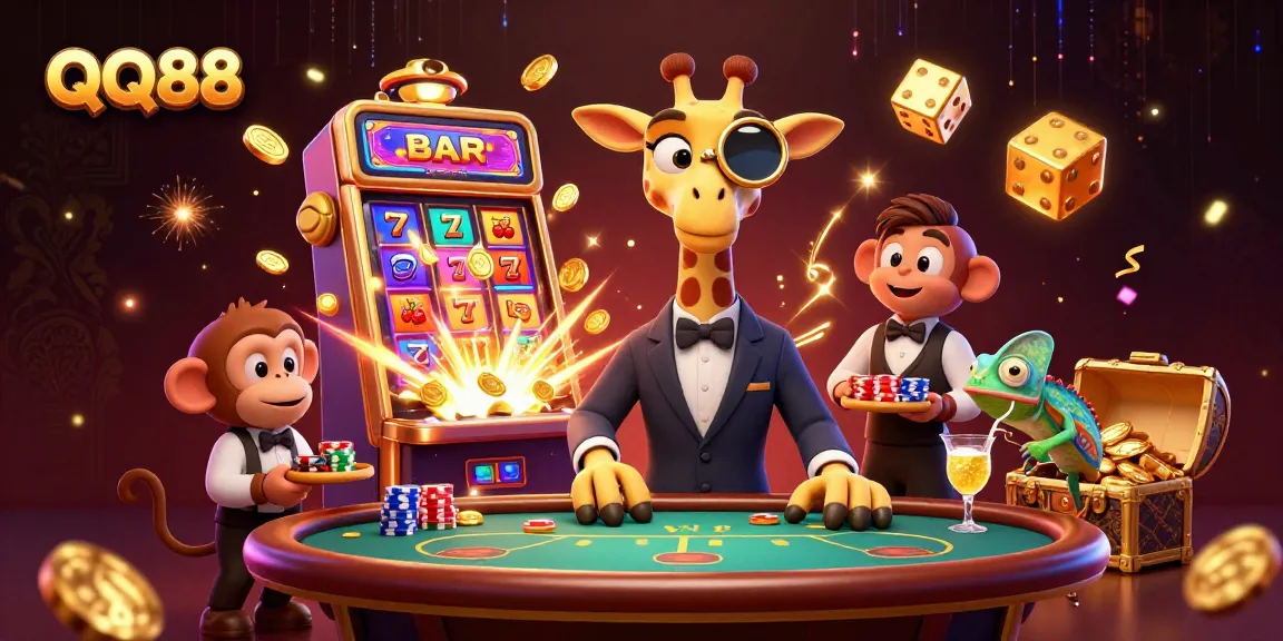 Experience QQ88's vibrant casino atmosphere with characters and gaming elements dynamically illustrated.