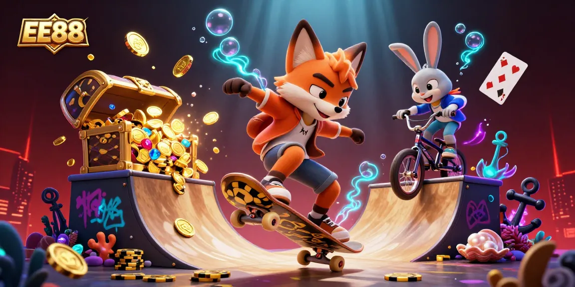 Experience the thrilling EE88 casino adventure with cartoon fox and rabbit in vibrant 3D