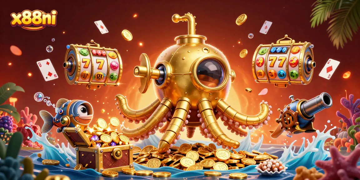 Experience thrilling slots action with x88ni's golden kraken amidst treasure in a vibrant underwater scene.