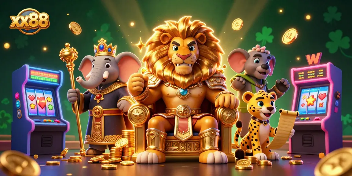 Engage with xx88's thrilling casino experience featuring a lion king on golden coins.