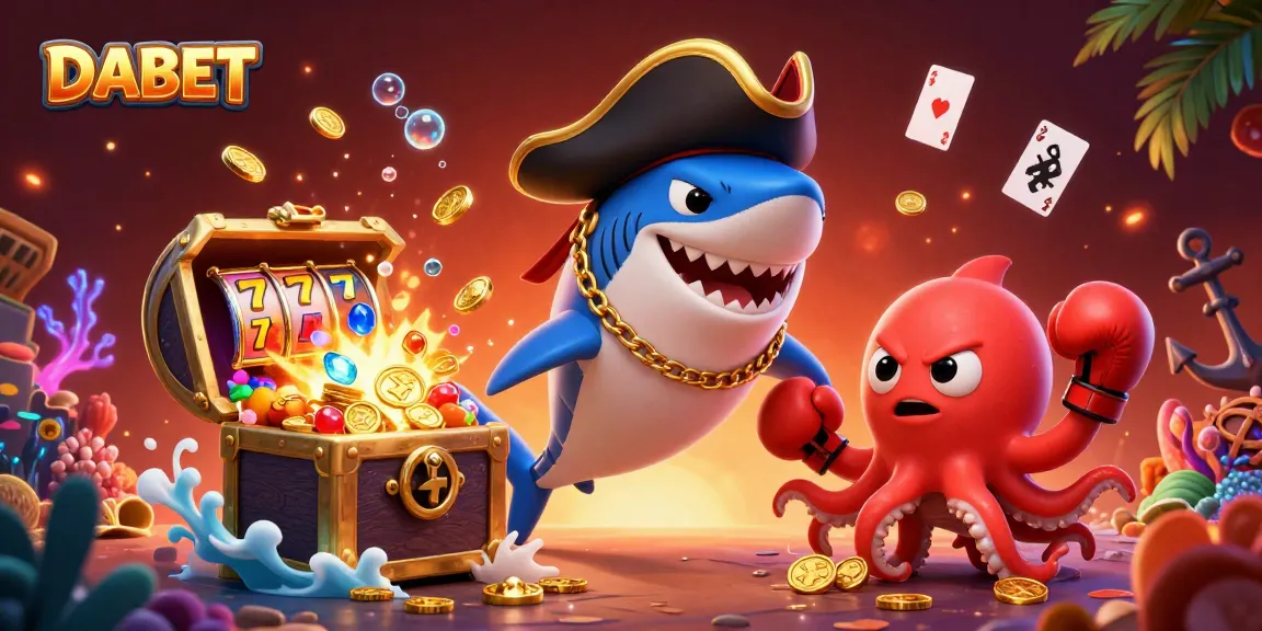 DABET slots casino scene with pirate shark, pufferfish, and octopus among colorful game elements.