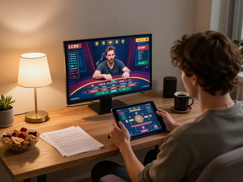 Engaging in LC88 VIP online gambling session at home with live dealer roulette.