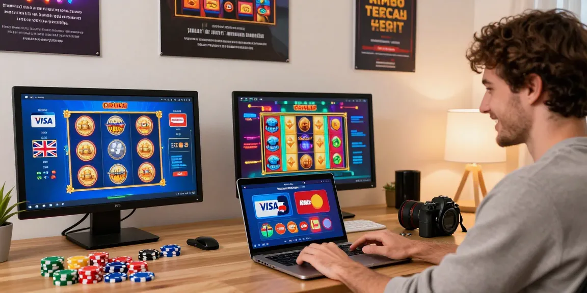 UK player enjoying credit card casinos at home using gdsap.org.uk, showcasing exciting online gambling elements.