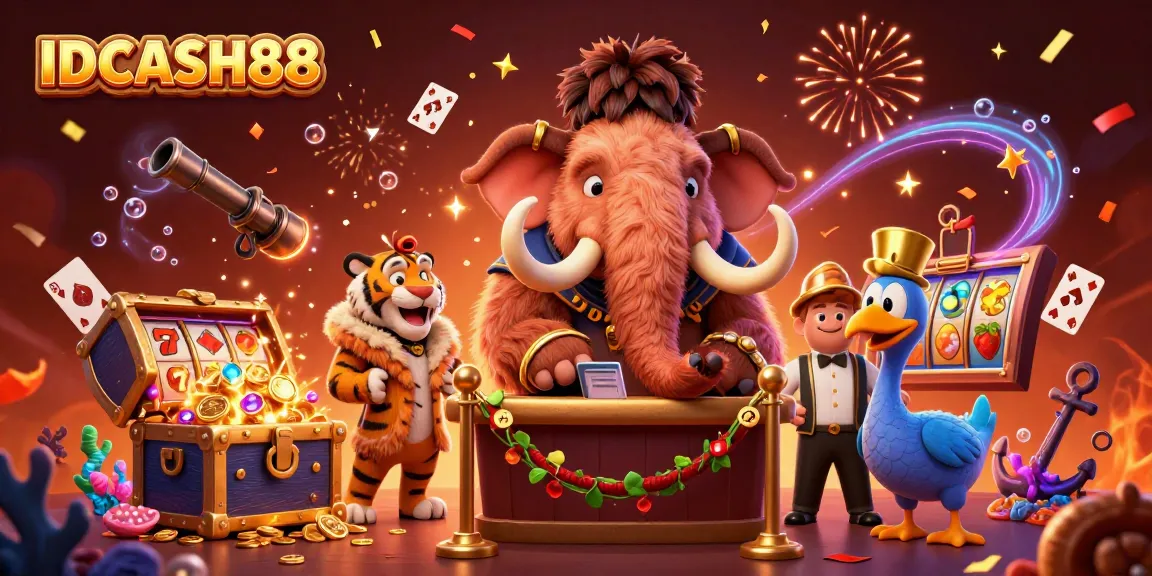 Engage with IDCASH88's thrilling slot games, featuring dynamic characters like a woolly mammoth bouncer and a saber-toothed tiger.