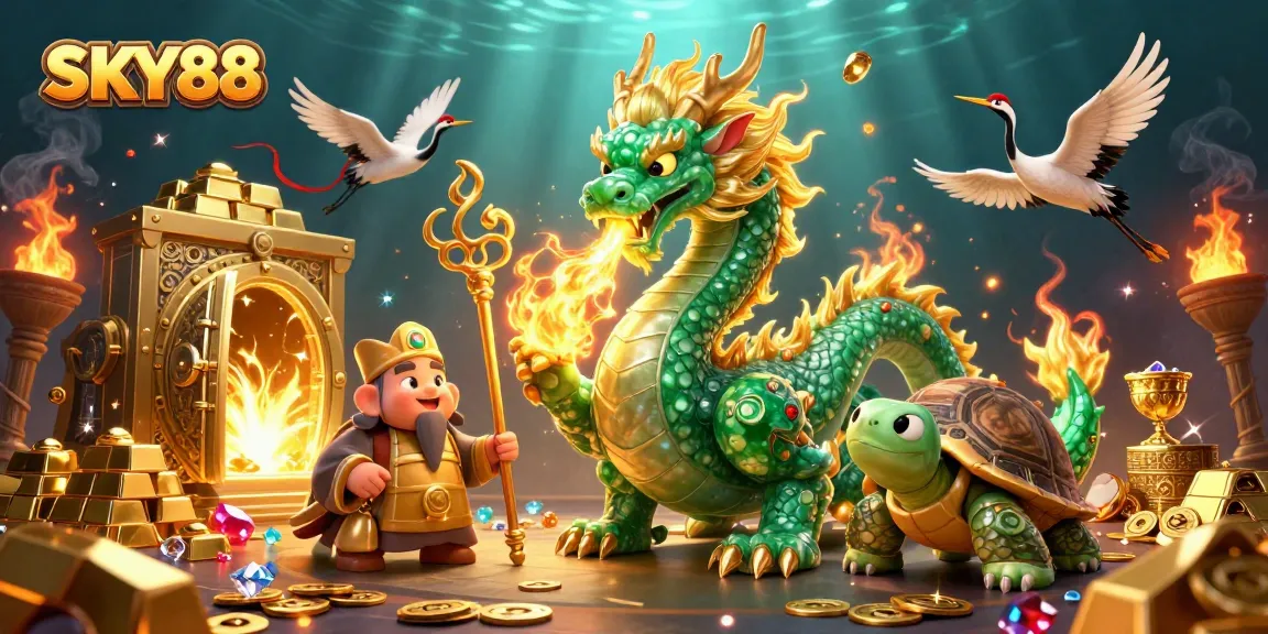 Engage in thrilling gameplay and win with SKY88's vibrant casino illustration featuring a jade dragon and treasures.