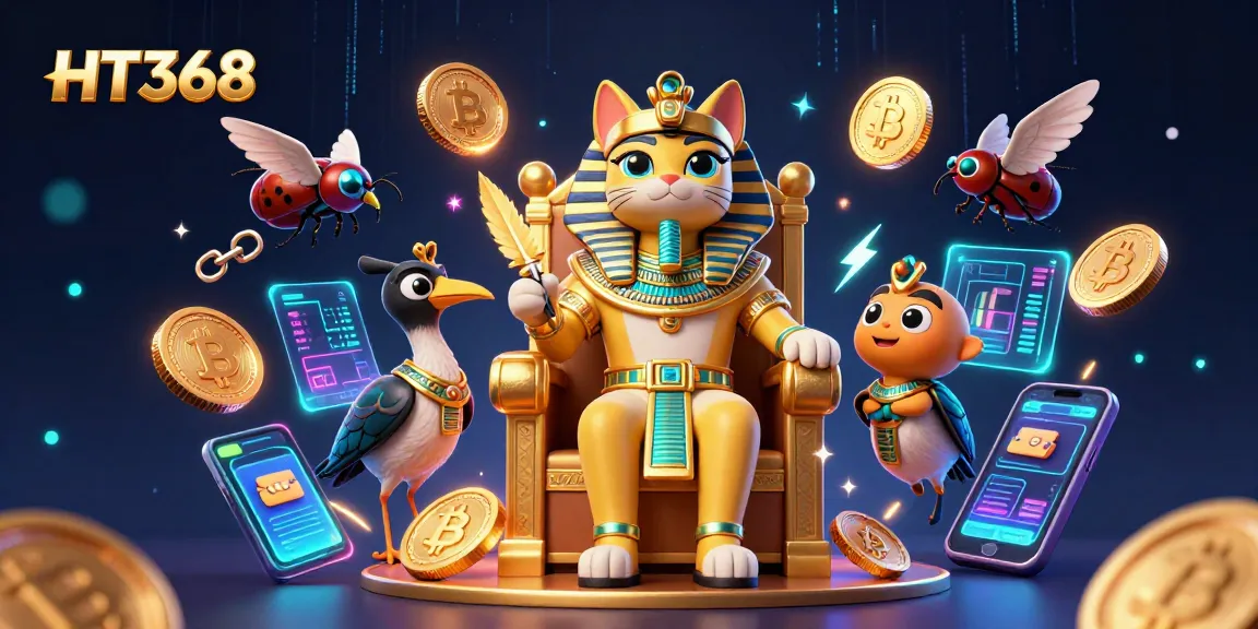 Engage in thrilling games at HT368 with a pharaoh cat surrounded by crypto bursting with action.