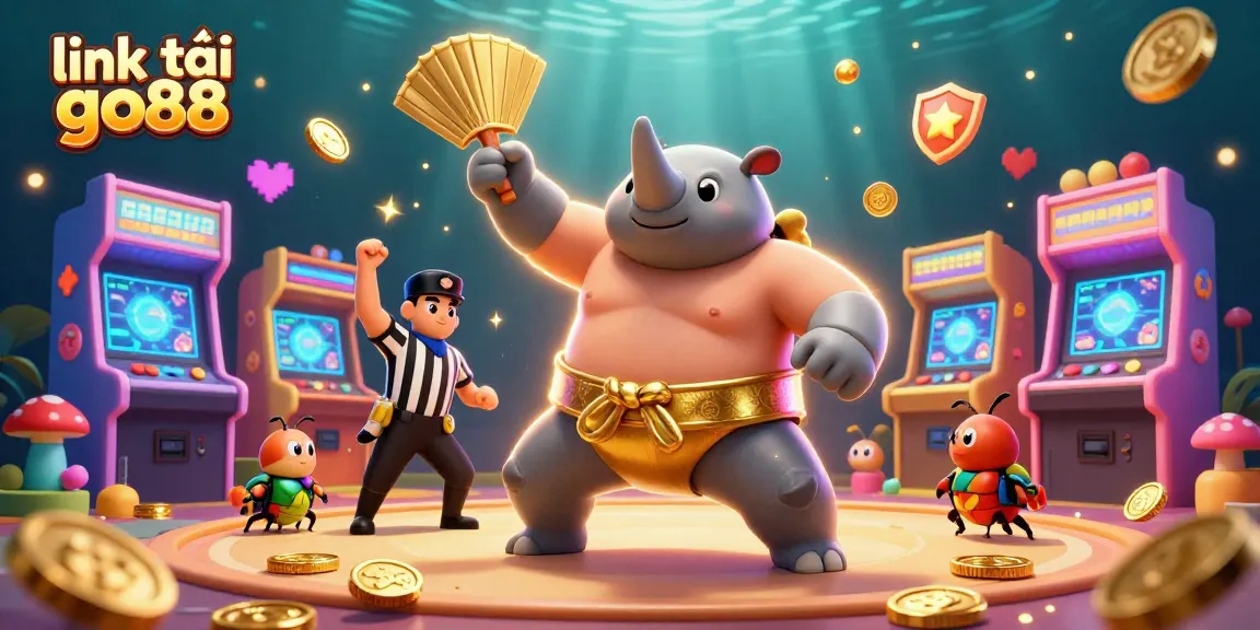 Experience the thrill of gaming with link tải go88 as a beetle champion stomps coins in a vibrant casino scene.