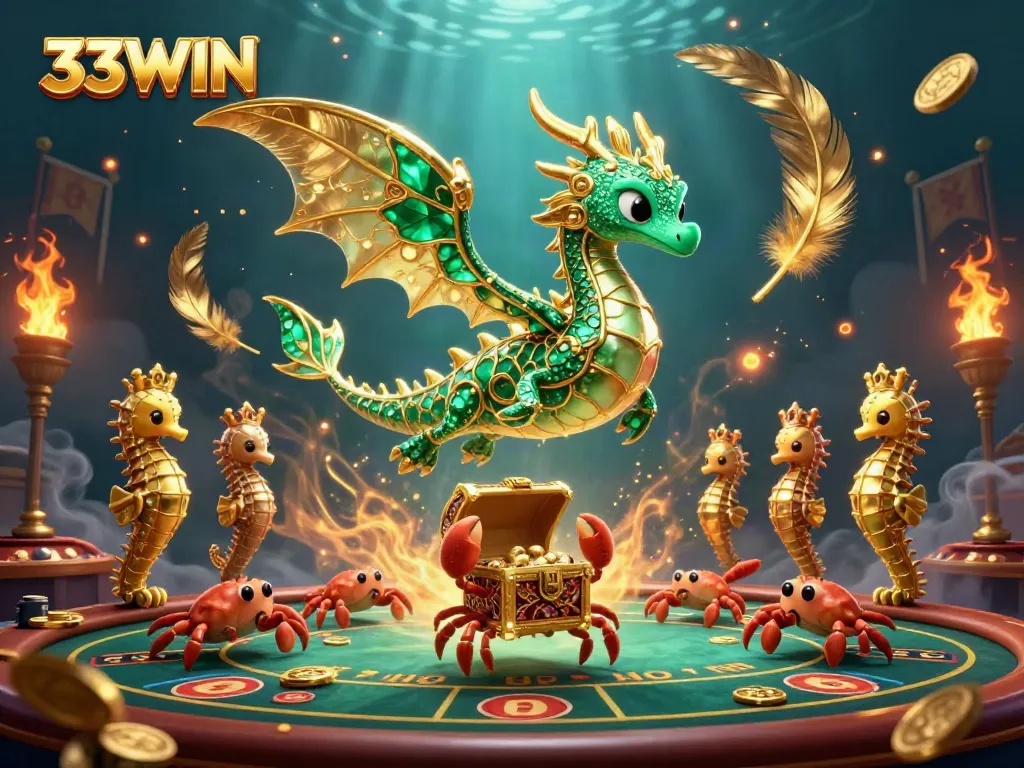 Experience thrilling gaming action with 33WIN's vibrant casino illustration featuring a majestic sea dragon.