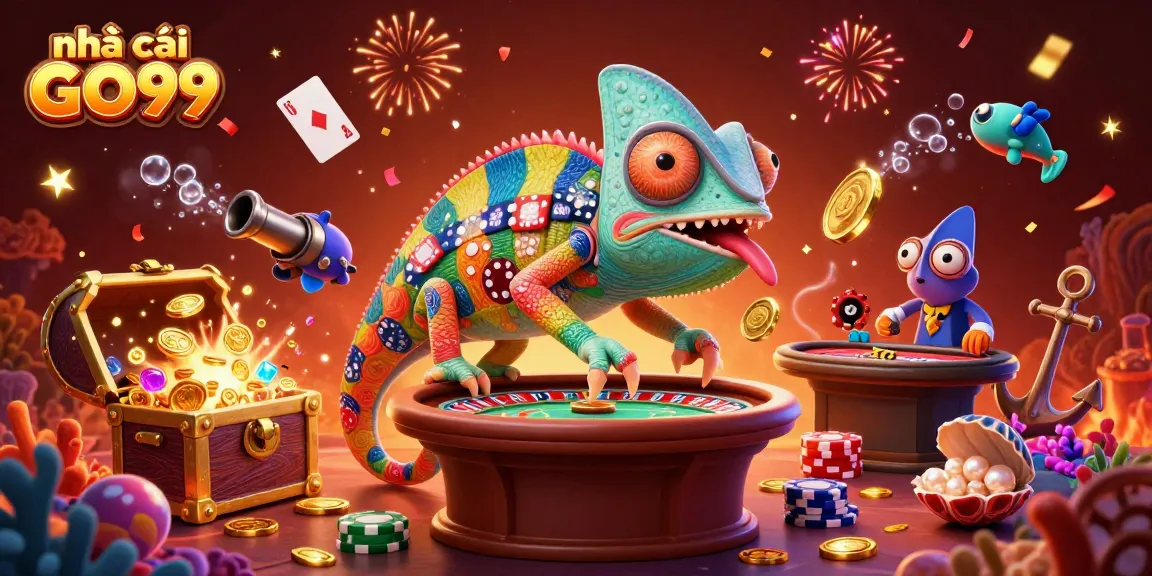 Engage with the thrilling world of nhà cái GO99 in a vibrant casino scene with animated chameleon and treasure.