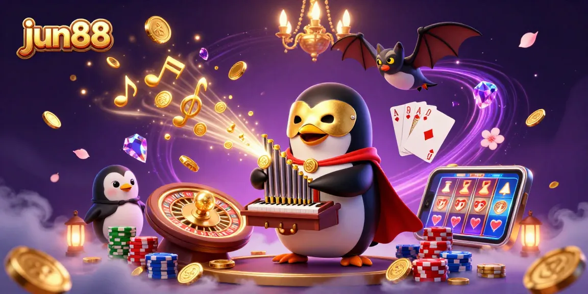 Experience winning at jun88 with vibrant 3D casino elements including golden coins and a phantom opera penguin.