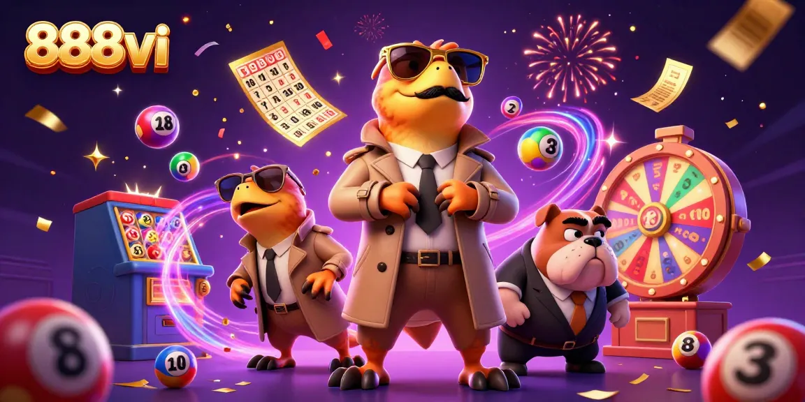 Experience the excitement of 888vi with colorful lottery balls and playful raptors in a casino scene.