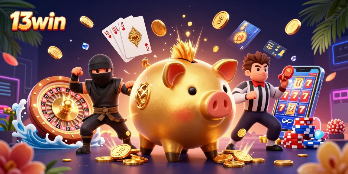 Win big at 13win with dynamic casino characters and golden coins in action.