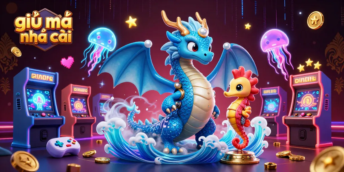 Engaging 3D illustration capturing giải mã nhà cái with a dragon, seahorse knight, and neon jellyfish in a vibrant casino setting.
