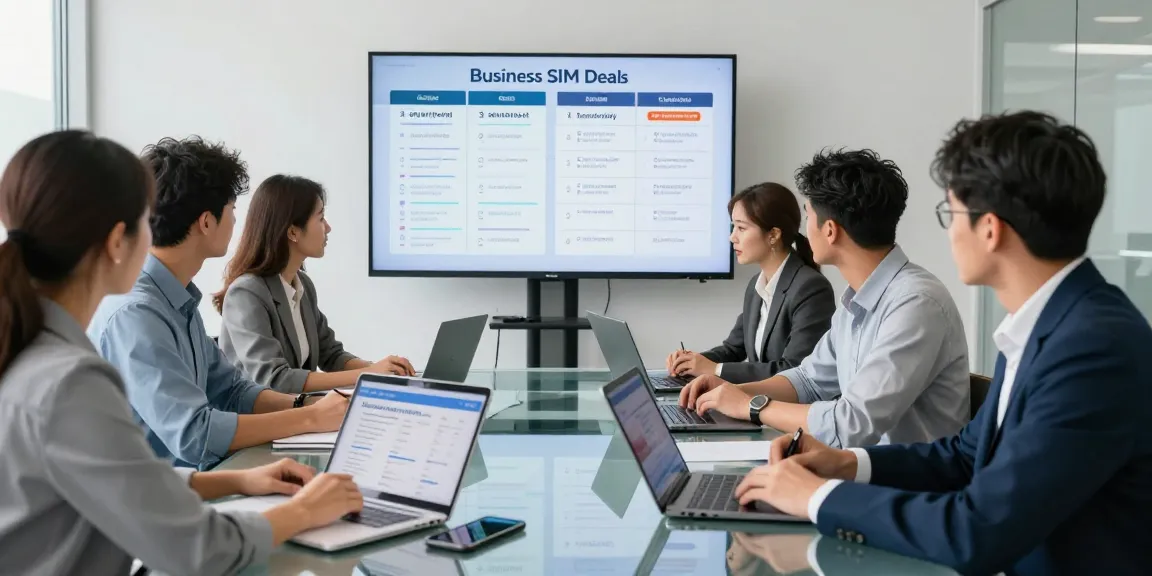 Compare business SIM only deals UK during a corporate meeting with professionals analyzing options and data.