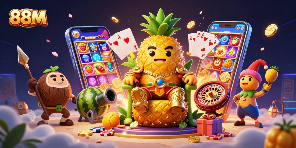 Experience the thrill of 88M, where the golden pineapple king rules in a vibrant casino scene.