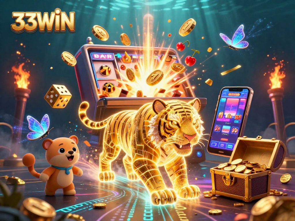 Engage with 33WIN's vibrant gaming universe featuring a golden tiger, dynamic slot machine, and holographic butterflies.