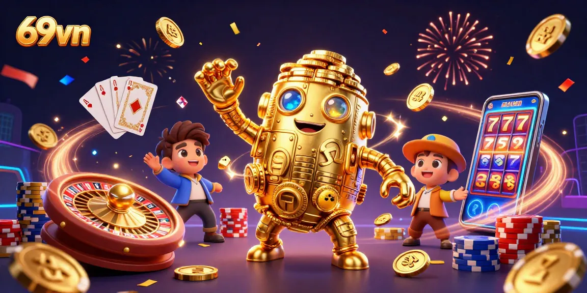 Experience exciting gameplay with 69vn as golden coins and slot machines come alive in this vibrant casino scene.