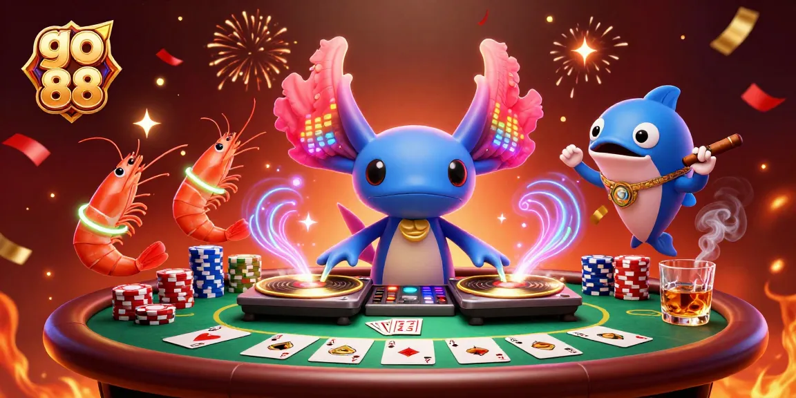 Engage with go 88's vibrant casino world, featuring a lively DJ axolotl and poker scene.