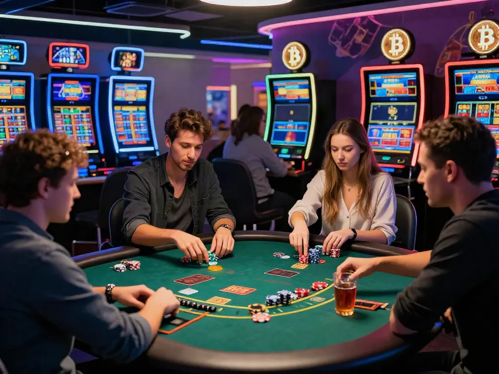 Players enjoying Bitcoin casino games in a lively gaming environment.