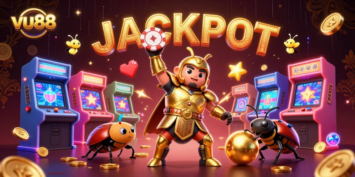 vu88 jackpot celebration with colorful casino elements and cartoon characters in a vibrant scene