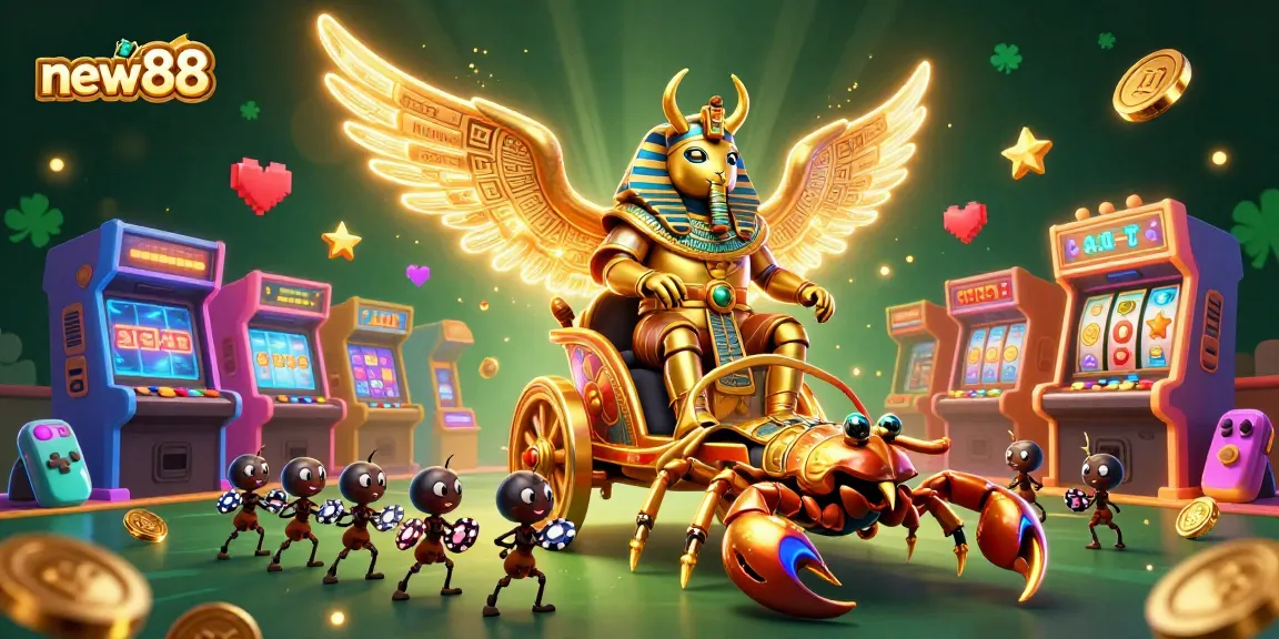 Engaging casino gaming scene featuring new88's scarab beetle mascot with vibrant jackpot elements.