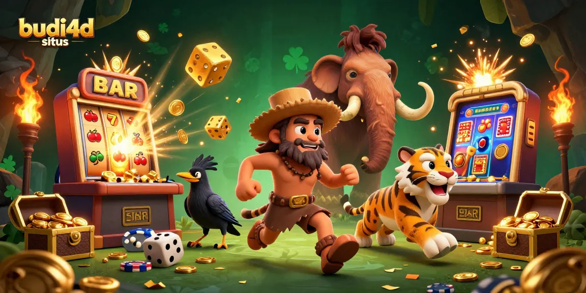 Experience the vibrant action at budi4d situs with a prehistoric casino scene featuring cavemen and jackpots.