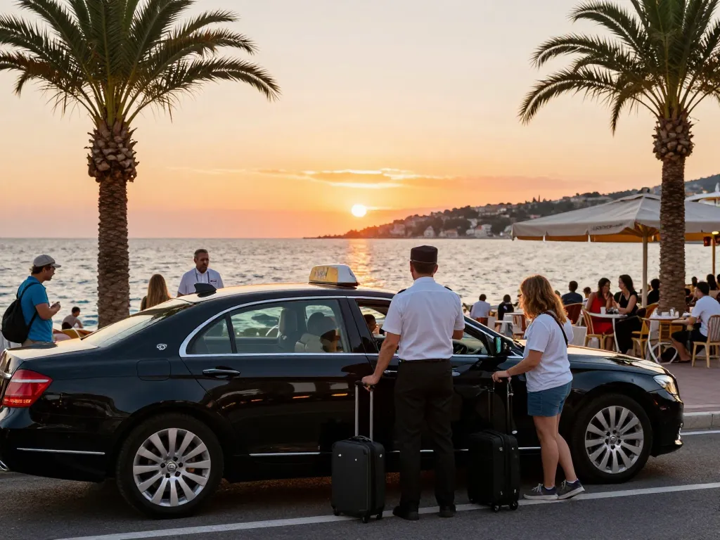 Service de taxi de luxe à Saint Tropez au coucher du soleil au bord de l'eau, mettant en avant le professionnalisme et le confort.