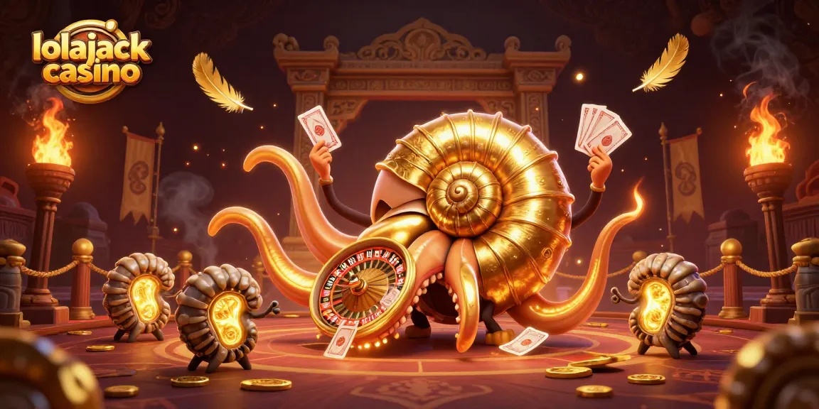 Experience the excitement at lolajack casino with a vibrant 3D scene of a nautilus roulette wheel and glowing companions.