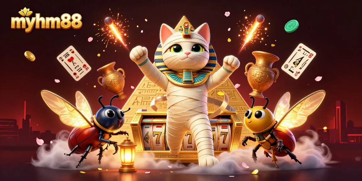 Engage in exciting casino adventures with myhm88 featuring a dynamic Egyptian mummy cat and casino elements.