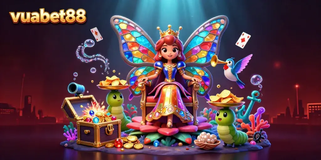 Join the excitement at vuabet88 with a vibrant casino-themed illustration showcasing various gaming elements.