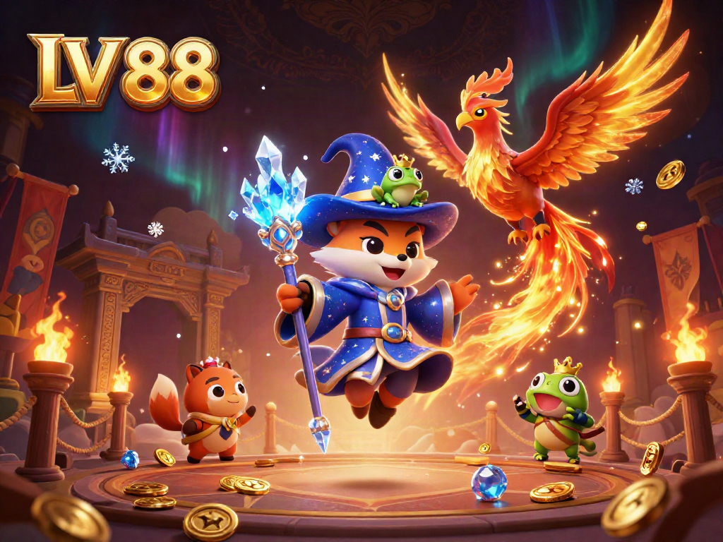 Engage in thrilling gameplay with LV 88's mystical wizard and phoenix in an enchanting casino scene.