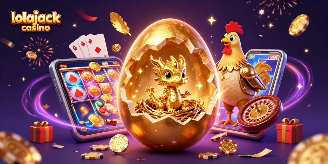 Win big at lolajack casino with a golden dragon emerging from a nest of poker chips.