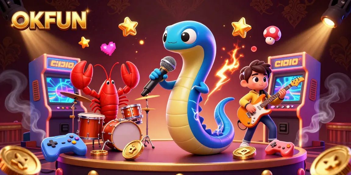 OKFUN's dynamic casino scene features a DJ eel, lobster drummer, and seahorse guitarist in an underwater setting.