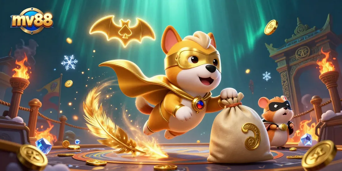 Experience exciting wins at mv88 with a 3D superhero dog flying through a vibrant casino scene.