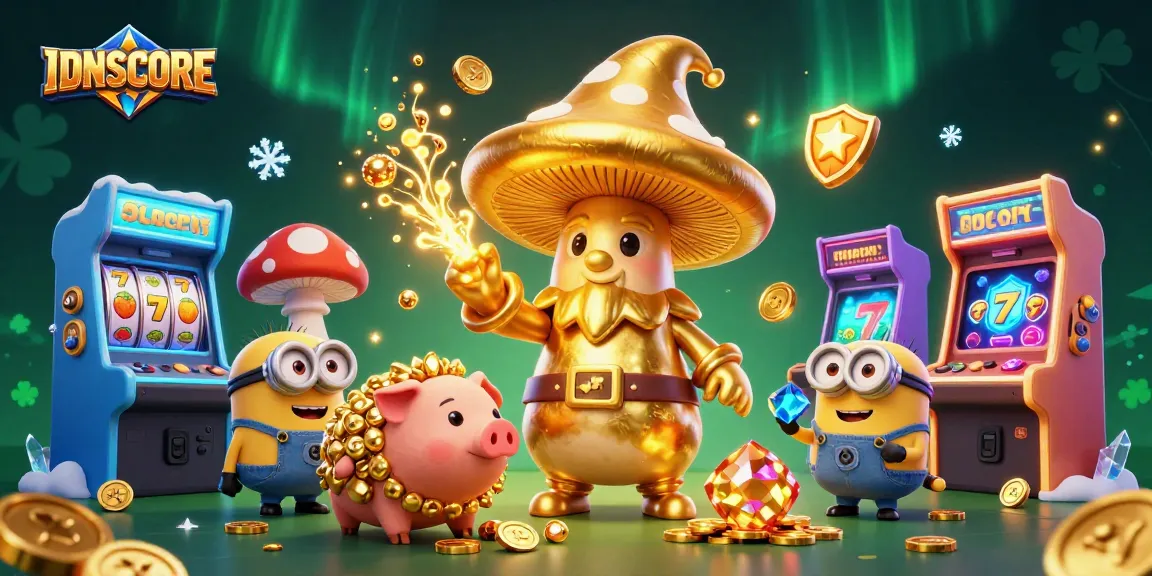 Experience IDNSCORE with magical golden treasures and vibrant slot machines in a dynamic online casino.