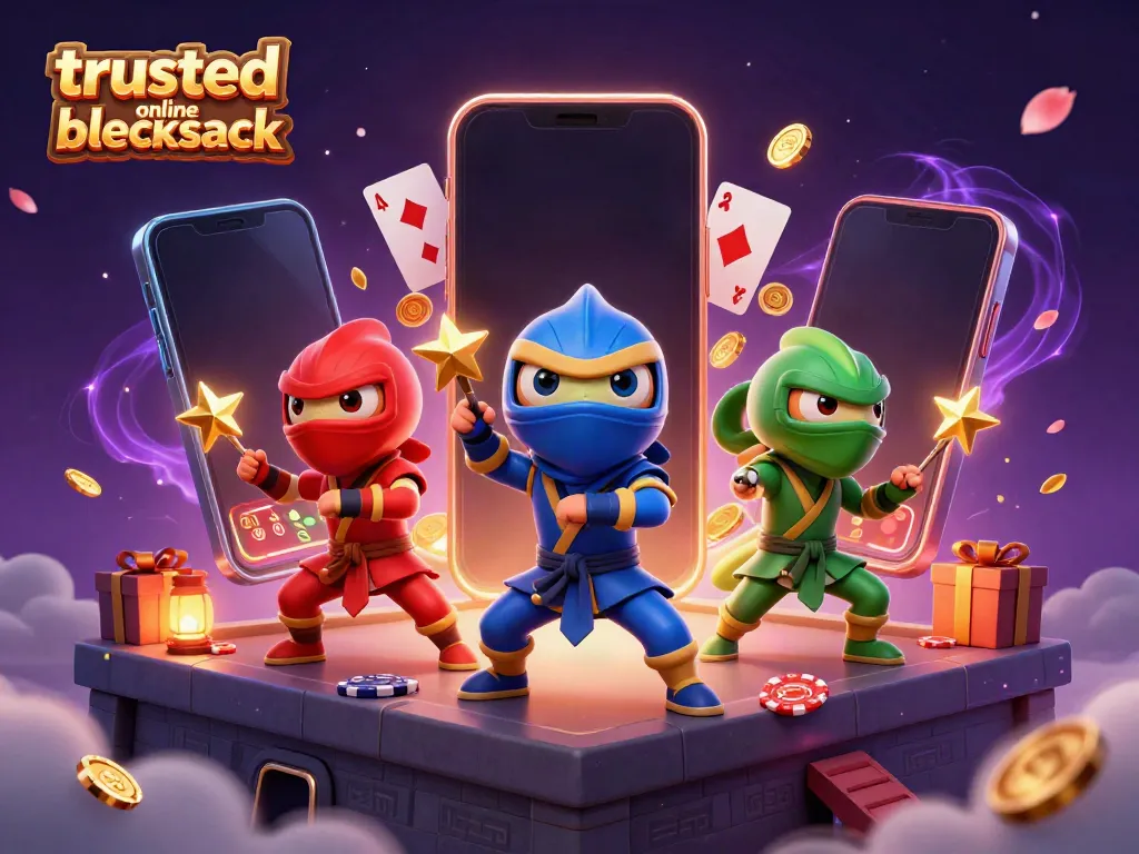 Experience trusted online blackjack with vibrant 3D ninja chameleons amidst casino-themed excitement.