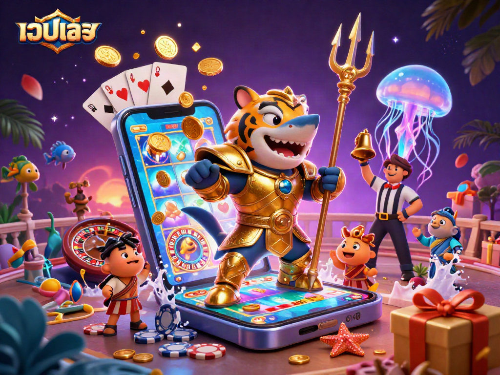 Engage with เว็บตรง gaming in this vibrant underwater illustration of a tiger shark gladiator.