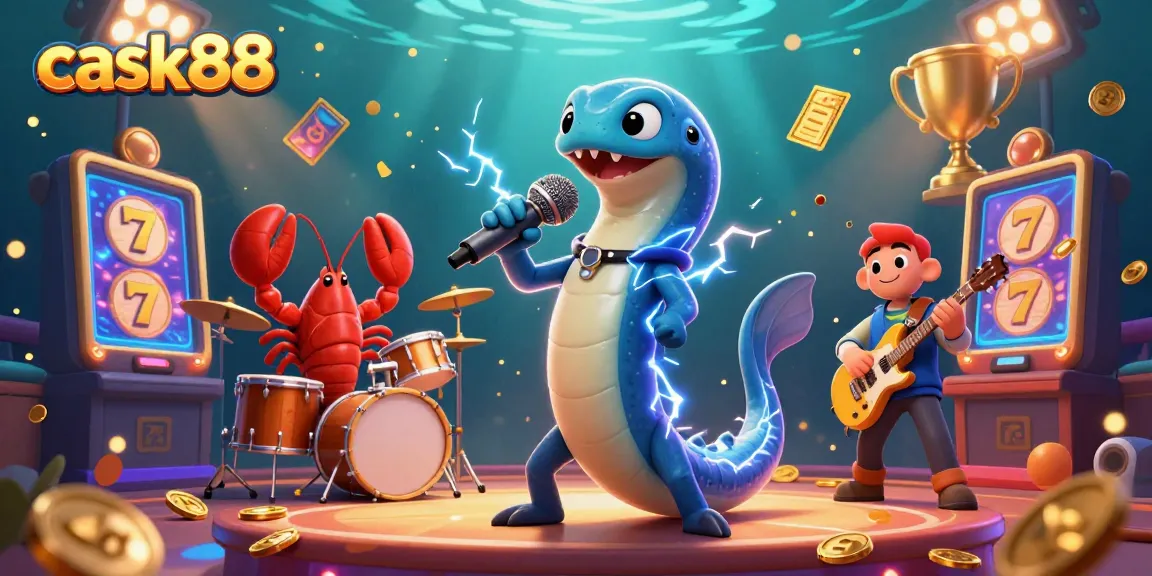 cask88 showcases dynamic slot-themed performance with electric eel DJ, lobster drummer, and seahorse guitarist.