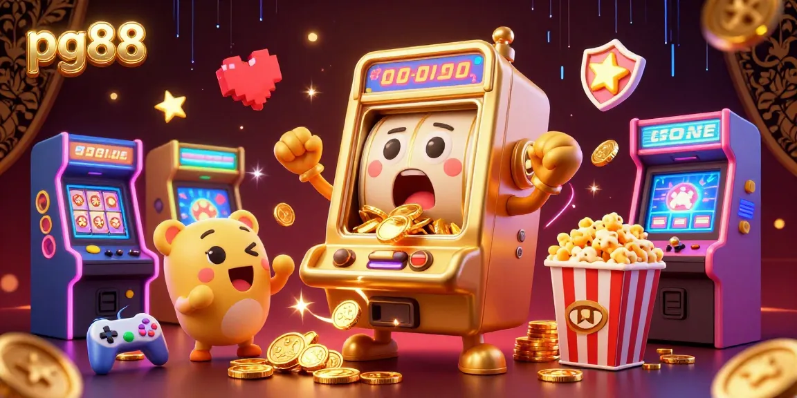 pg88's vibrant 3D slot machine scene depicting a golden jackpot celebration with cheering baby machines and dynamic game elements.