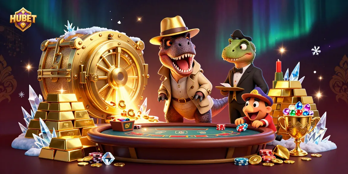HUBET inspires action where a velociraptor card counter interacts at a blackjack table amid a sparkling treasure.