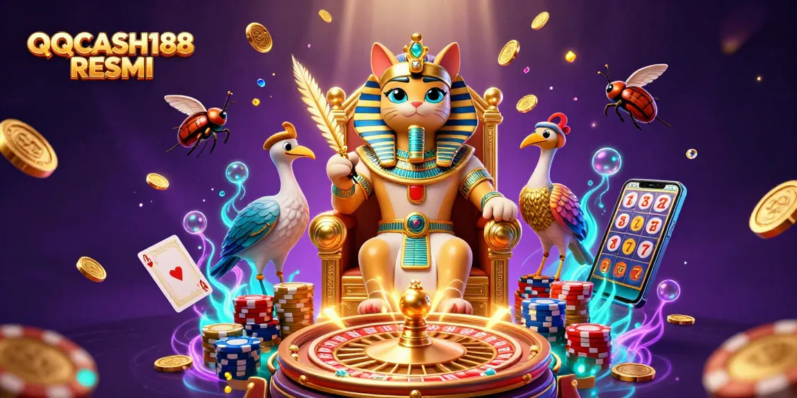 Engage with QQCASH188 RESMI through a vibrant 3D casino scene featuring an Egyptian pharaoh cat and dynamic gaming elements.