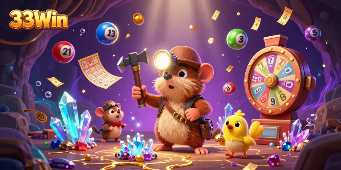 33Win reveals an adventurous treasure hunter mole in a dynamic casino scene filled with vibrant gaming elements.
