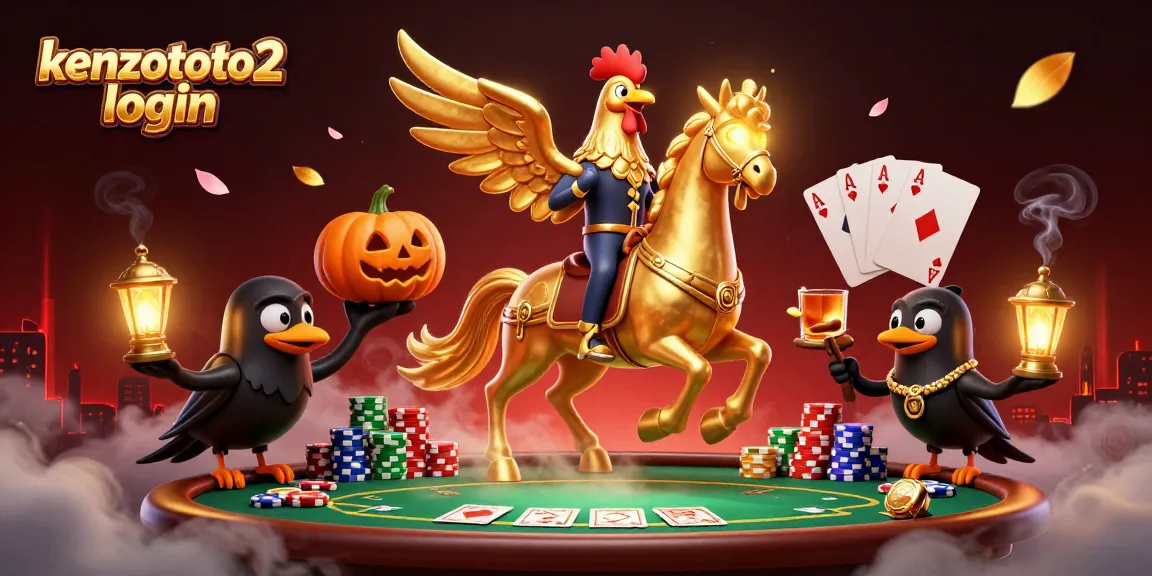 Mengakses kenzototo2 login dengan suasana kasino dinamis dan karakter menarik dalam ilustrasi 3D.