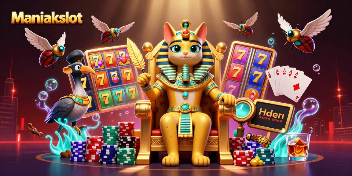 Experience excitement at Maniakslot with vibrant slot reels and a majestic pharaoh cat.
