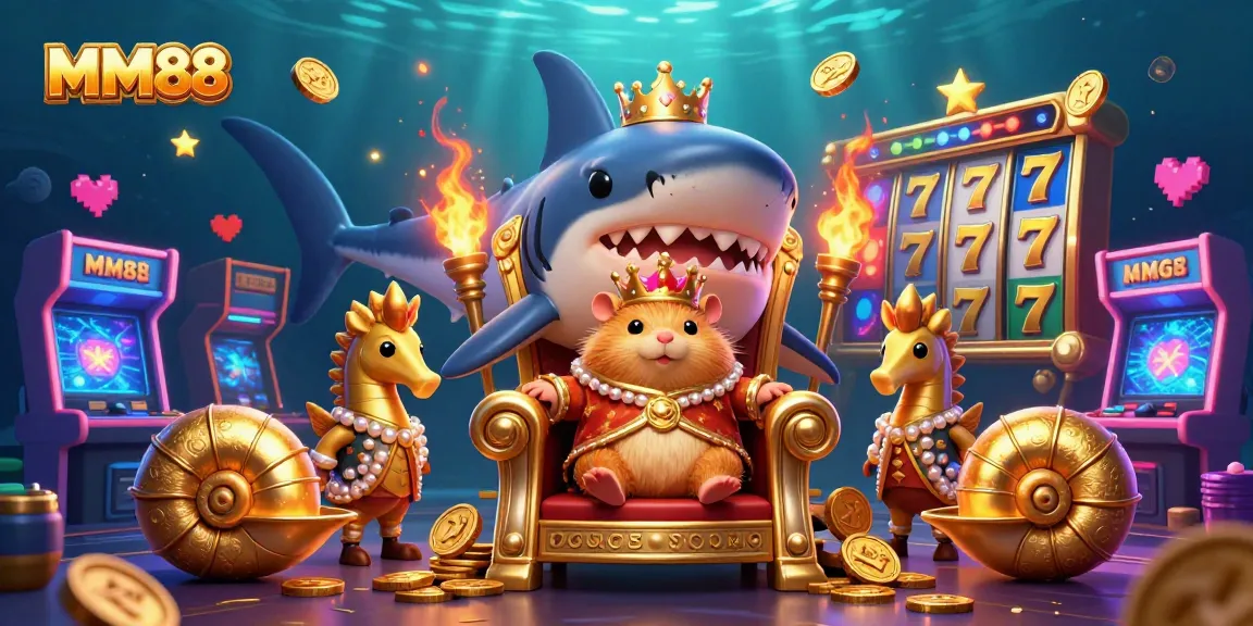 MM88 offers an engaging scene with a golden hamster king and vibrant slot elements illustrating the casino experience.